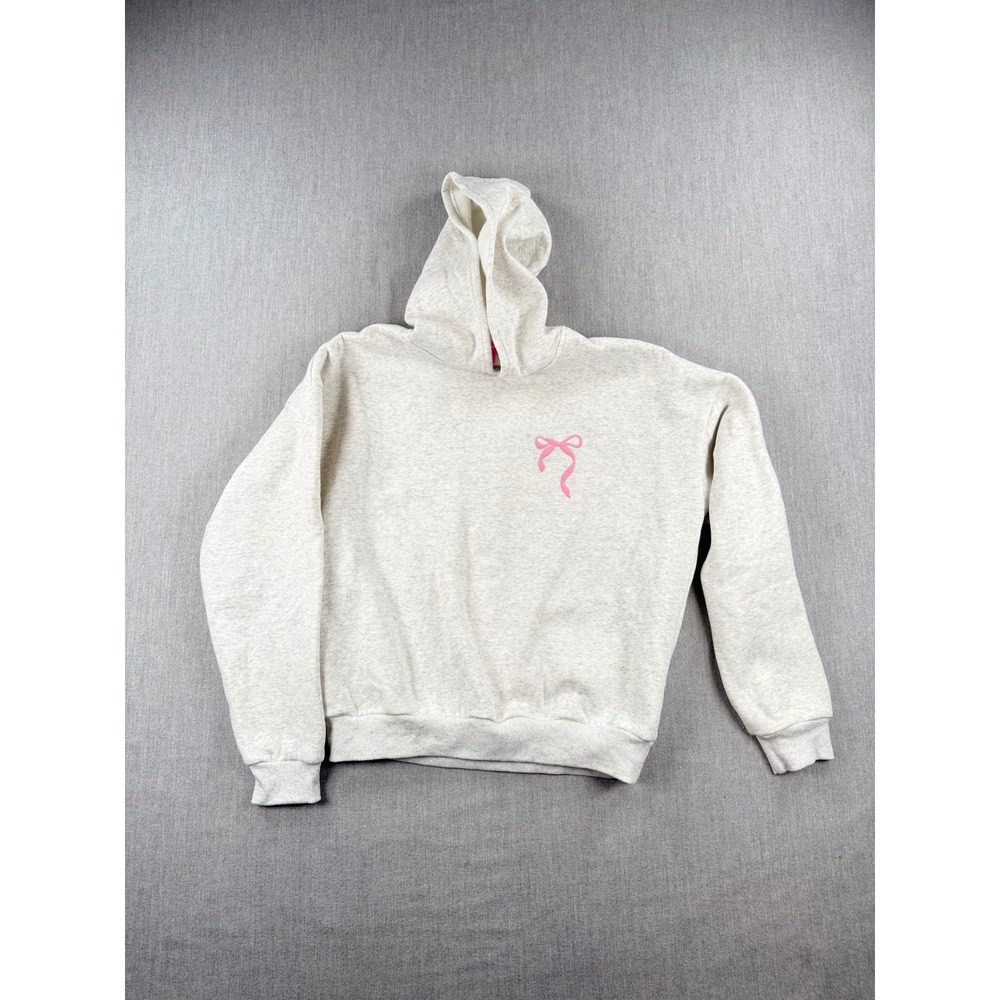 Edikted Grey Heather Pink Bow Graphic Hoodie Sweatshirt Small